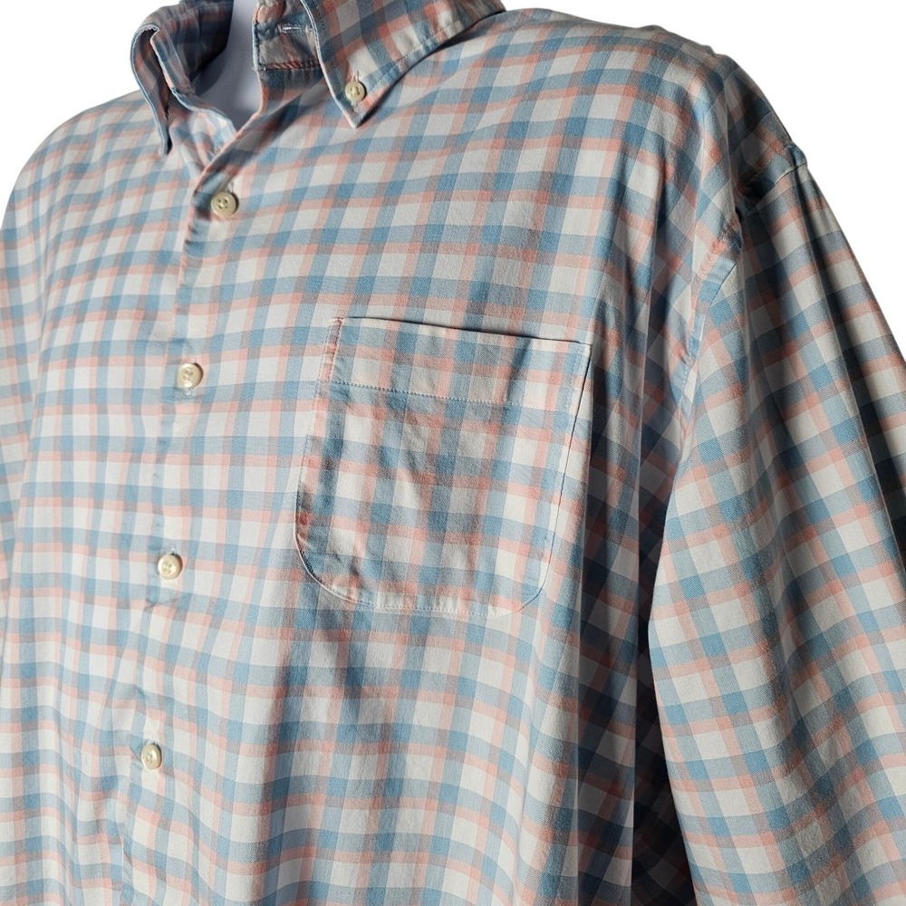 Peter Millar Mens XXL Plaid Button Down Shirt Blue Peach Performance Stretch‎
